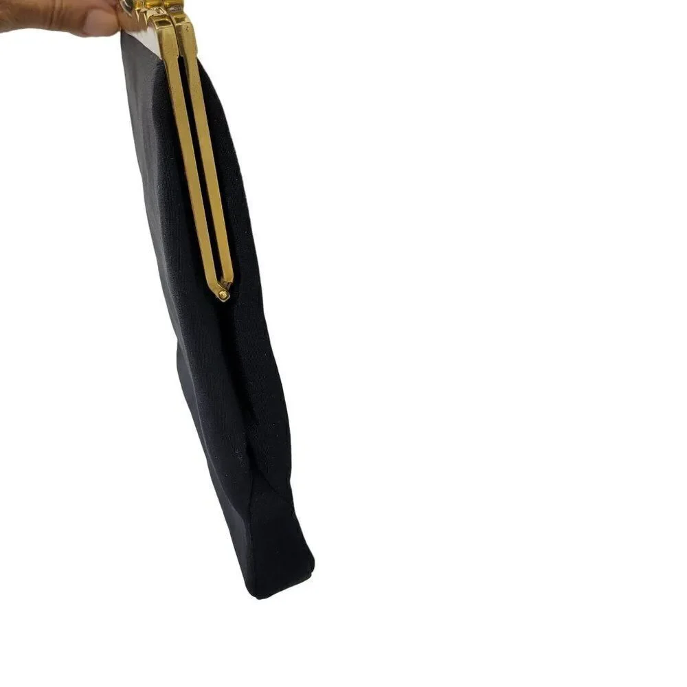 Vintage 60s Formal Evening Bag Black Gold Scalloped Trim Push Lock Clasp USA‎